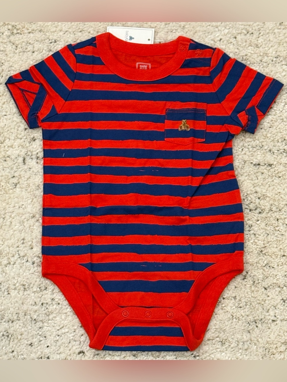Baby Gap 6-12 Months Red Blue Striped Bear Pocket Bodysuit Onesie NWT Cotton
